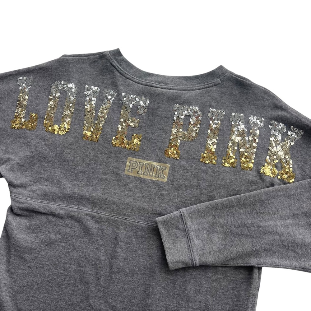 PINK Victorias Secret Women XS Gray Gold Silver Sequins Logo Crewneck Sweatshirt